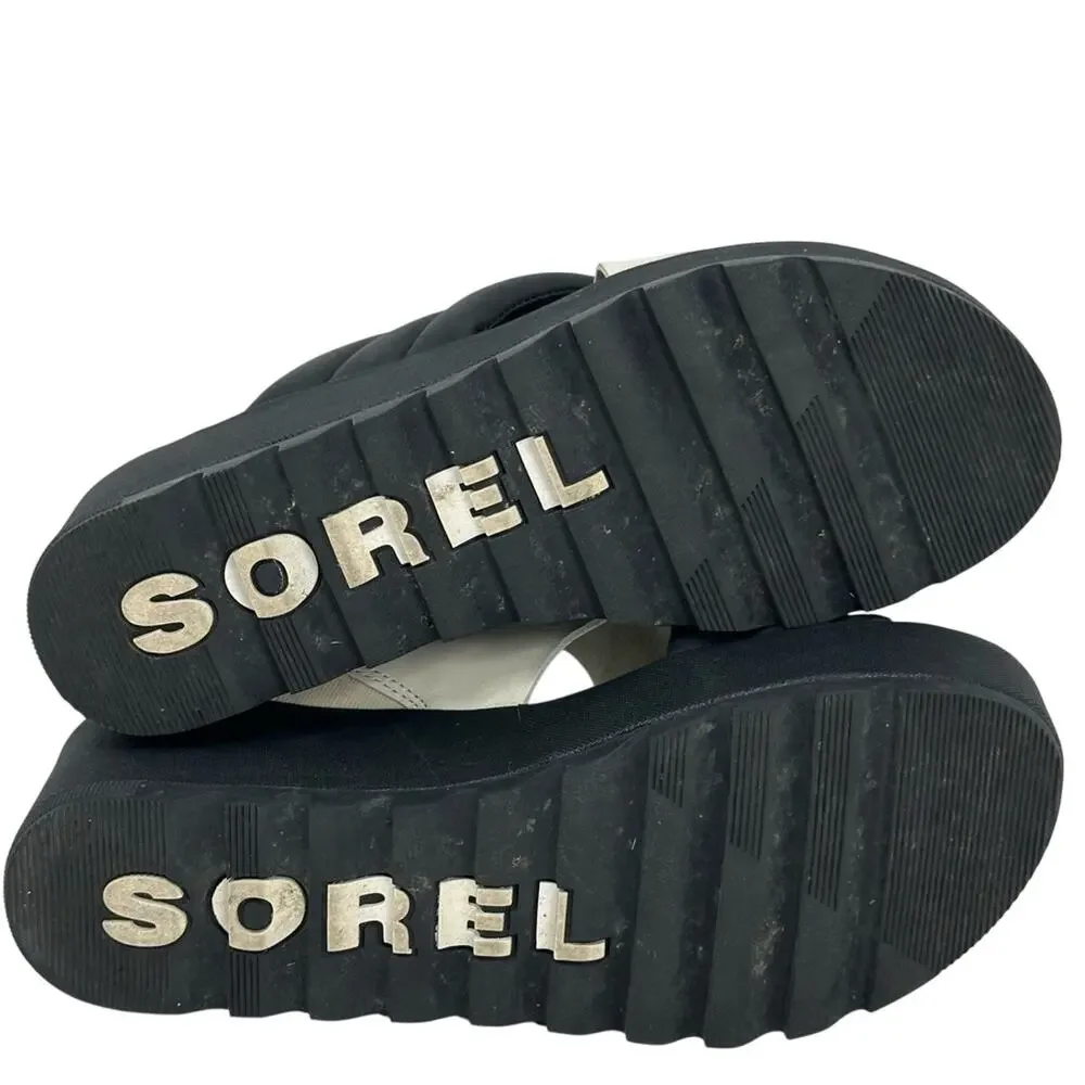 Sorel Cameron Flatform Puff Sandal Platform Slide  Black & White Leather